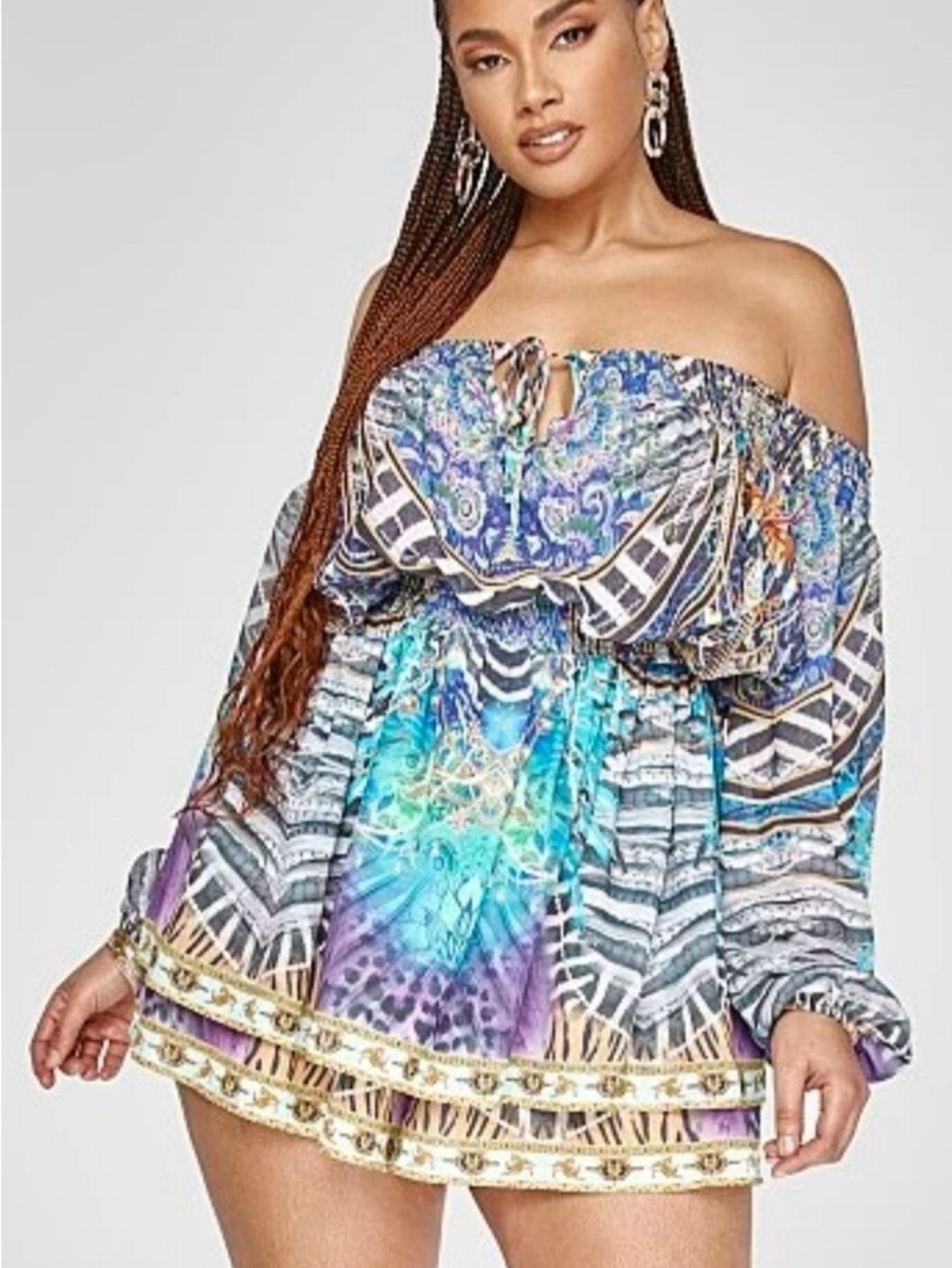 NEW GarnerStyle x FTF Multi-Color Printed Off-The-Shoulder Romper Dress – Size 1